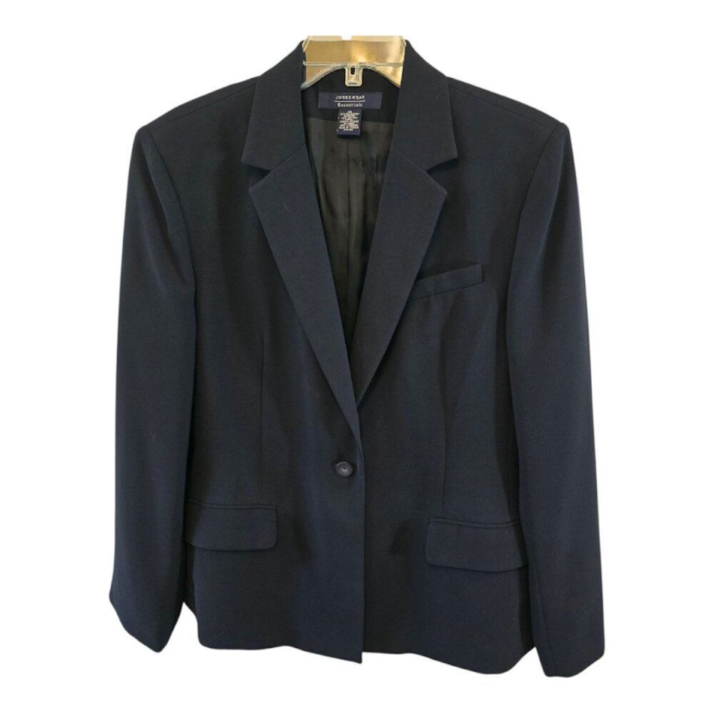 JONES WEAR ESSENTIALS DARK NAVY BLUE BLAZER SIZE 14 ONE BUTTON CLASSIC CAREER